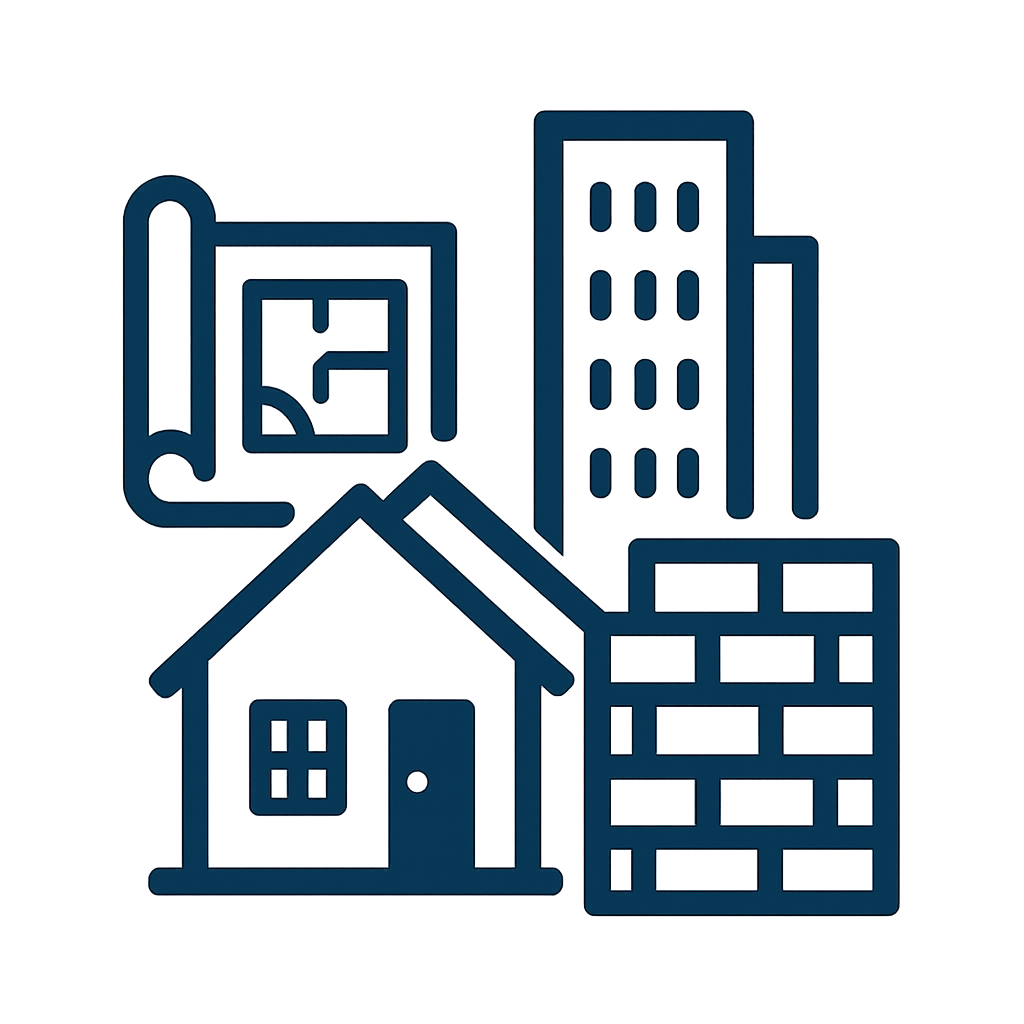 crea un icono que describa el sector arquitectnico proyectos residenciales muros fachadas edificios corporativos en color azul marino sin letras ni pa