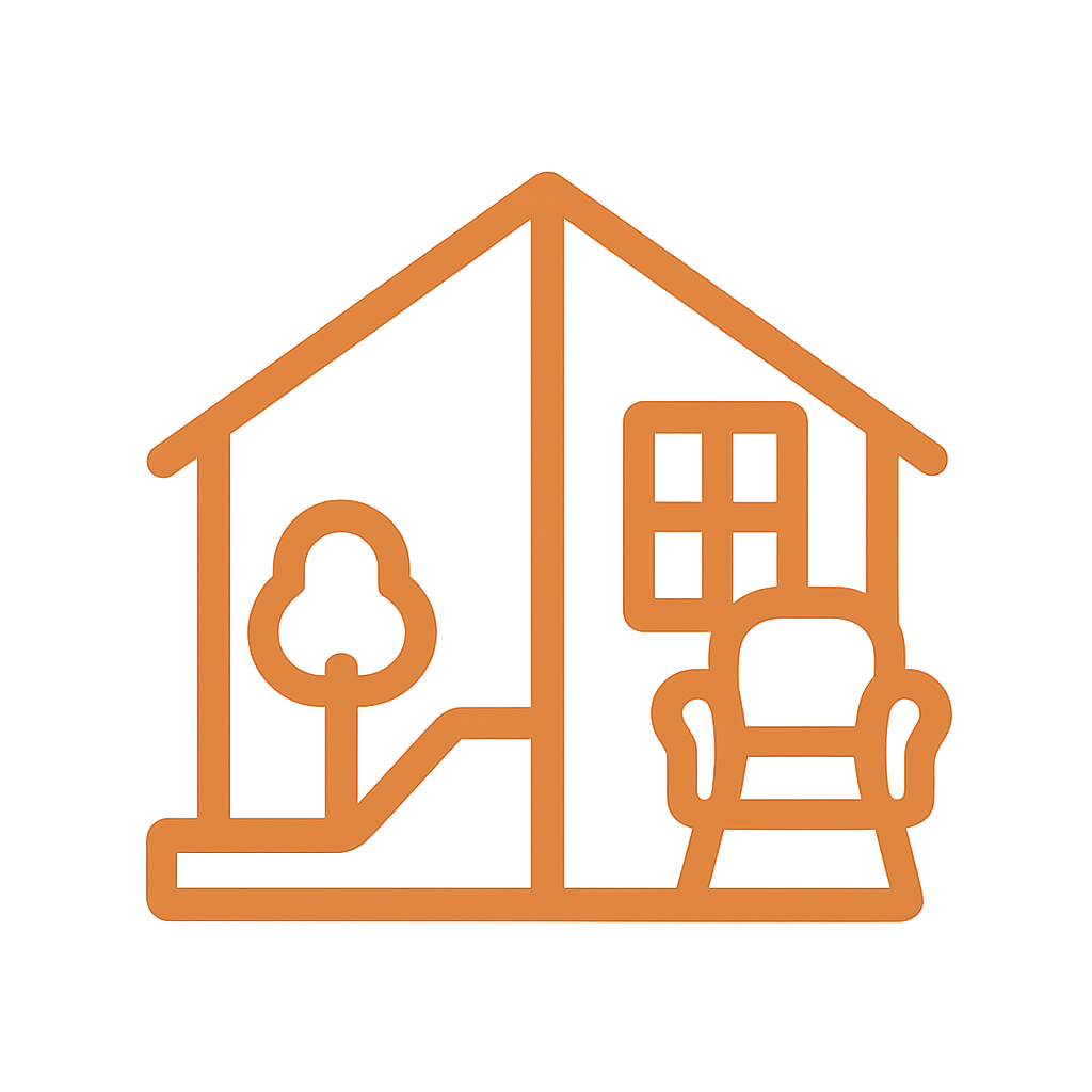 genera un icono para Interiores y exteriores de vivienda en color naranja sin palabras o letras