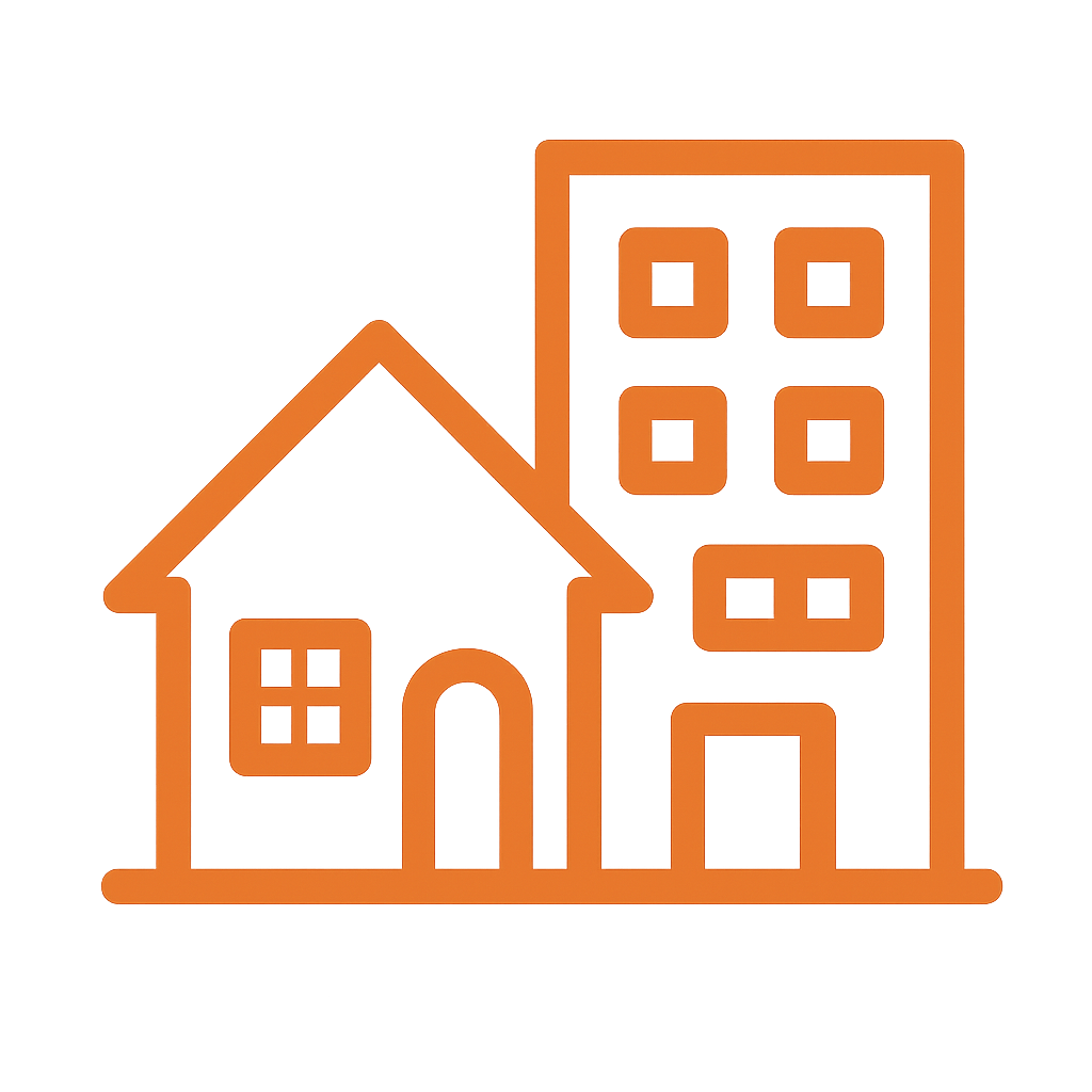 genera un icono para Proyectos residenciales y comerciales en color naranja sin palabras o letras